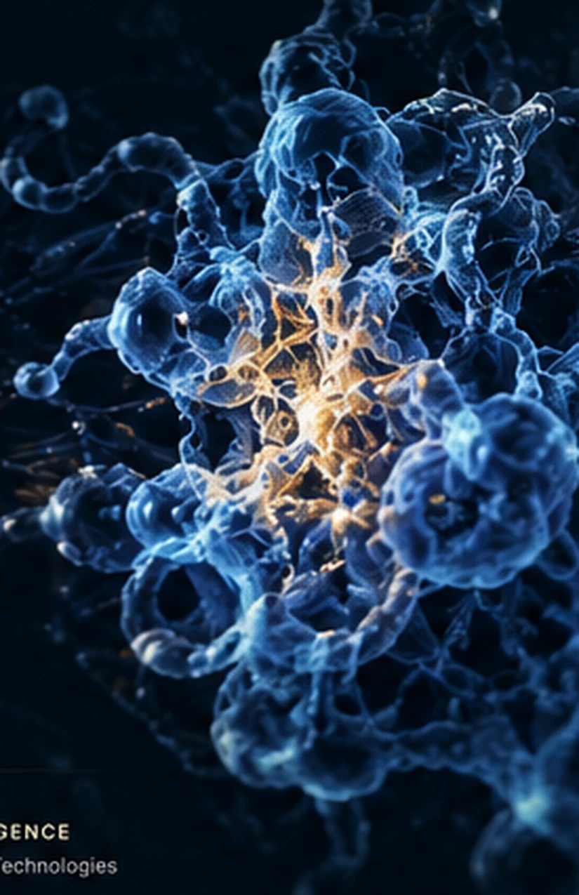 Abstract blue molecular structure illuminated with gold